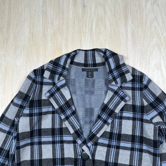 Tahari Black Gray Blue Plaid Cropped One Button Blazer Jacket Long Sleeve Large - Picture 4 of 12